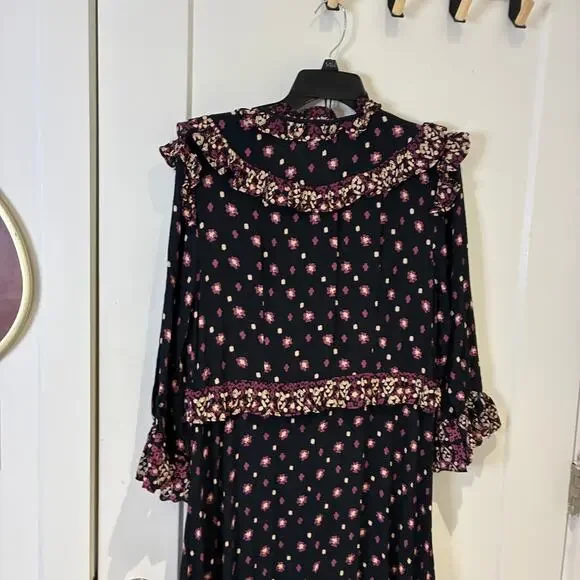 Free People Black Ruffle Trim Callico Skies Midi Dress Sz Medium - Picture 5 of 12